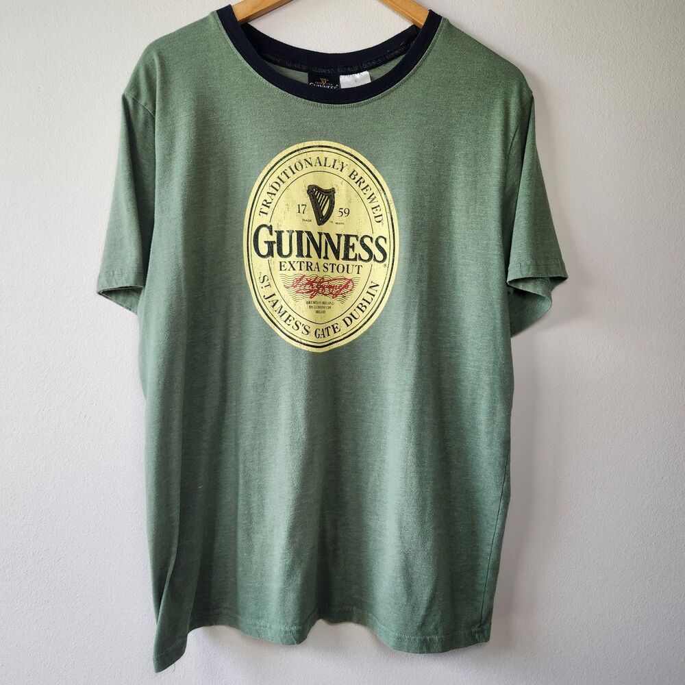 Guinness Extra Stout Graphic Tee Green Ringer Shirt Mens L Ireland Beer Tee